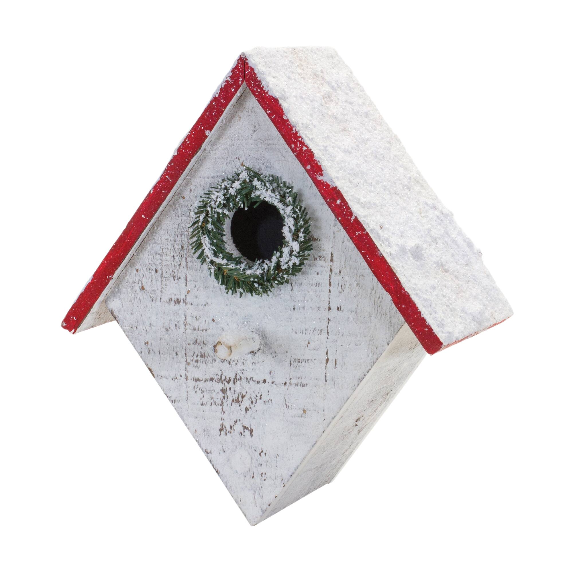 Flocked Wood Birdhouse with Wreath Accent, Set of 4